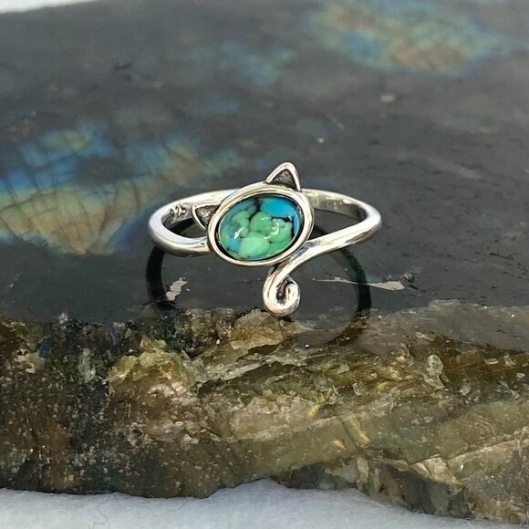 Sterling Silver 925 Turquoise Cabochon Kitty Cat Bypass Style Band Ring Sz 6 - Picture 5 of 16